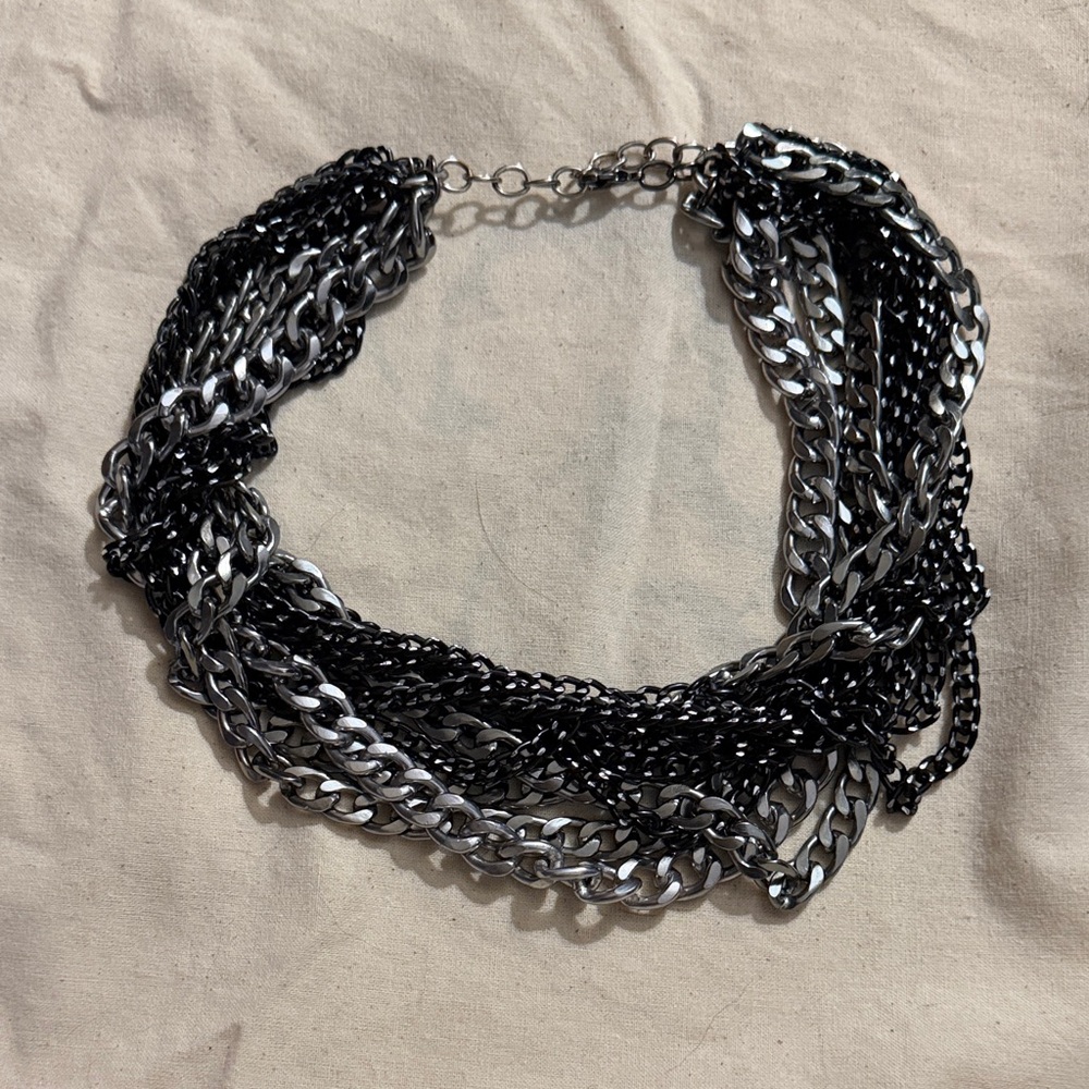 Nicolina Royale Handmade Multi-Chain Black and Silver Statement Necklace